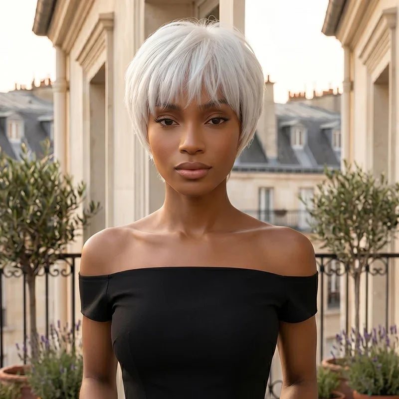 Perruque Pixie Bob Lisse Blanc Argenté Glueless Sans Colle 100% Cheveux Humains