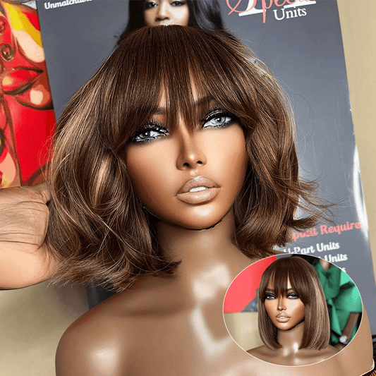 Élégant Pour Débutants Glueless Highlight Bob Perruque Avec Frange Cheveux Humains Lisse