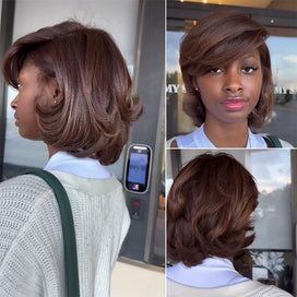 4x4 Glueless Perruque Kinky Straight Mocha Bob Dégradé Effet Brushing Style Glamour San Colle
