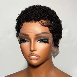 Perruque Full Lace Pixie Cut Afro Boucles Réglable Noir Blond miel Style Minimaliste