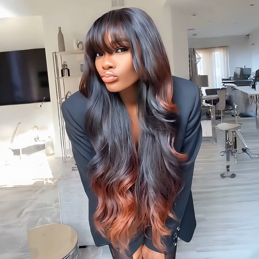 Glueless Sans Nœuds Couleur Highlight 4x4 Perruque Sans Colle Body Wave Avec Frange 250% Densité