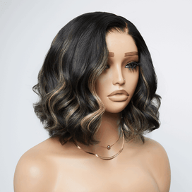 Tendance Glueless Couleur Noire Avec Reflets Blonds 7x4 Bob Ondulé Perruque Sans Colle