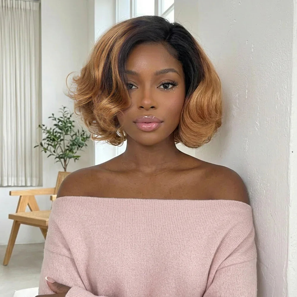 4x4 Légèrement Ondulé Raie Sur Le Côté Glueless Sans Colle Perruque Short Bob Wavy