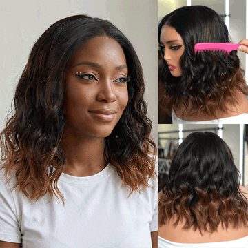 Perruque Bob Wavy 4x4 Glueless Ombré Brun Élégant Prête à Poser Ondulé Wear &Go