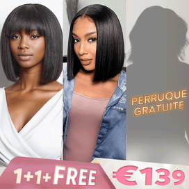 𝟑ᵉ 𝐩𝐞𝐫𝐫𝐮𝐪𝐮𝐞 𝐚̀  €𝟎,𝟏🔥Lisse Naturel 2x6 Dentelle Perruque 6"+Yaki Lisse Bob Perruque Avec Frange 10"