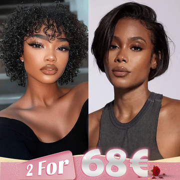 2 𝑭𝑶𝑹 €68🔥 Perruque Coupe Pixie 13x4 Dentelle Lisse + Perruque Pixie Cut Bouclés Avec Frange