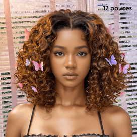 Volume Elasticité Parfaite Bob Couleur Mèches Ombre Marron/Noir Glueless 4x4 Perruque Sans Colle Bouclé