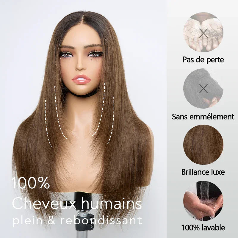 Style Salon Glueless Couche Sans Nœuds Brun Ombré 4x4 Perruque Sans Colle Lisse 250% Densité