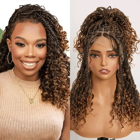 Perruque Tressée Bohème Ombre Brun En Dentelle Intégrale Avec Cheveux Bébé Synthétique 300% Densité