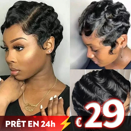 𝐏𝐫𝐞̂𝐭 𝐞𝐧 𝟐𝟒𝐡⚡Perruque Léger Résistante Glueless Noir Perruque Coupe Pixie Eau Ondulée