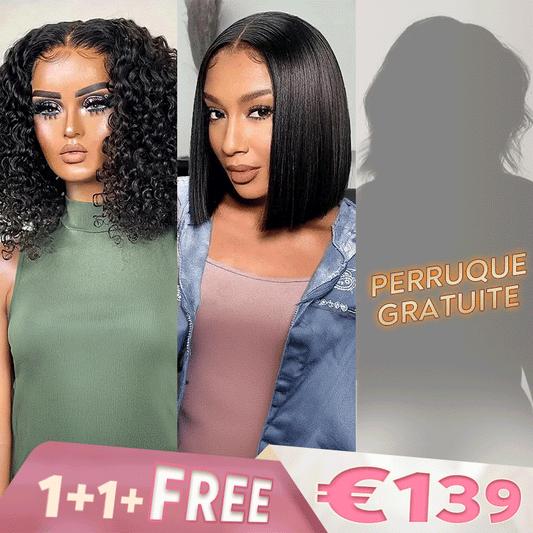 1+1+𝑭𝒓𝒆𝒆💥Glueless Bob 4x4 Perruque Sans Coll Bouclés 10"+Lisse Naturel 2x6 Dentelle Perruque 6"