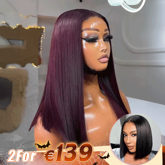 2 𝑭𝑶𝑹 €139🔥 Soyeux Glueless Violet Foncé 5x5 Perruque Sans Colle +2x6 Dentelle Bob Perruque