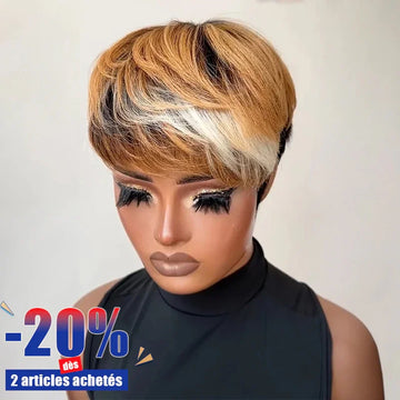 Coupe Pixie Glueless Mélange Couture Châtain Clair & Blanc Frange Pleine & Favoris Dessinés