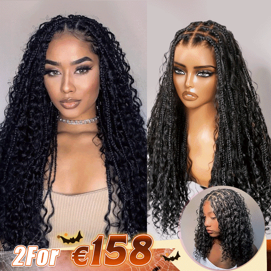 2 𝑭𝑶𝑹 €158🔥 36" Perruque Tressée Bohème En Dentelle Intégrale + Chic Bob Synthétique