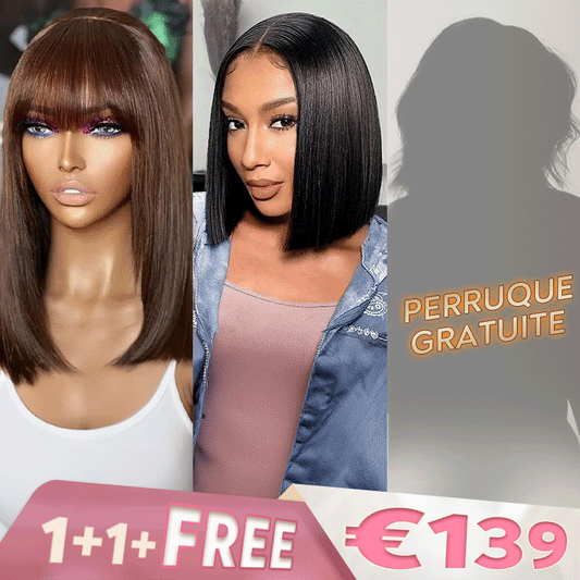 1+1+𝑭𝒓𝒆𝒆💥Lisse Naturel 2x6 Dentelle Perruque 10"+Marron Coloré Bob Perruque Avec Frange Lisse 10"