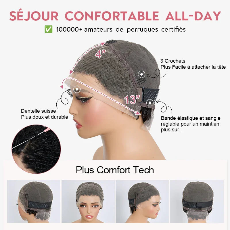 Chic Perruque 4/30 Afro Kinky Curly Noir 13x4 Lace Cheveux Courts Bouclés Portez Et Partez