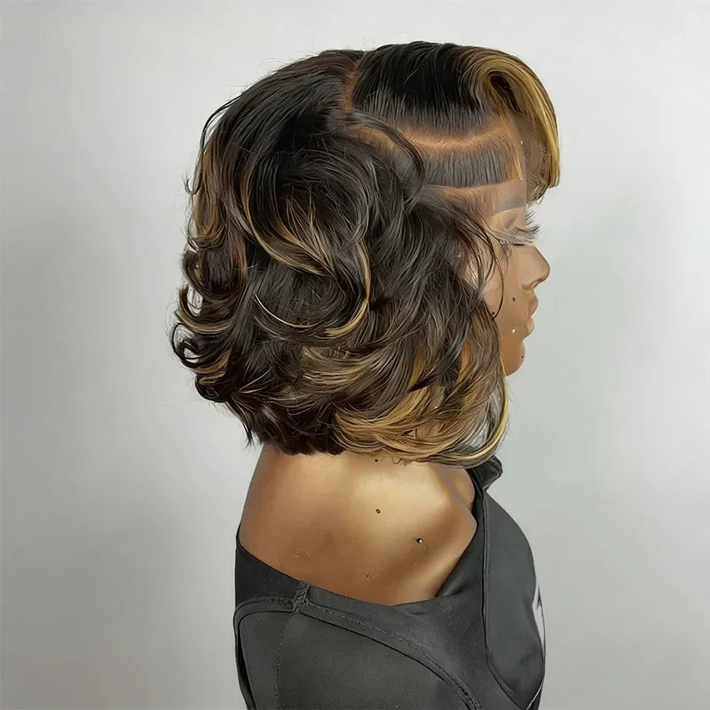 Perruque Lace Frontal 13x6 Carré Asymétrique Dégradé Côté Rasé Highlight Noir San Colle