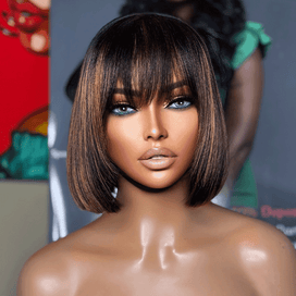 Pour Débutants Glueless Bob Perruque Cheveux Humains Avec Mèches Brunes Et Frange Lisse