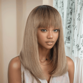 Ready to Wear Glueless Couleur Ombre Thé Lait Dégradé Lisse Perruque Sans Colle Bob Avec Frange