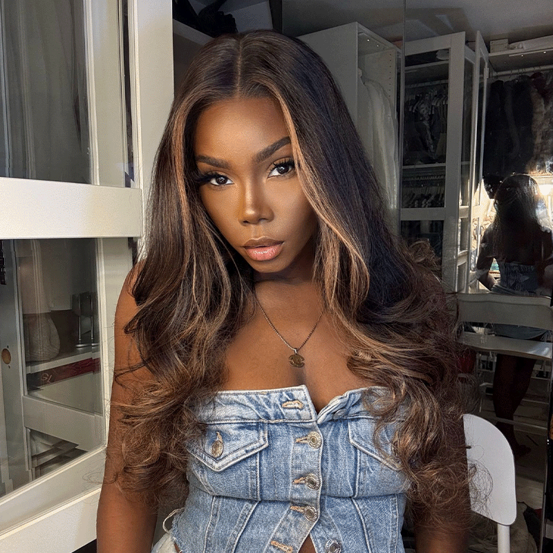 Glueless Luxe Couche 13x4 Highlight Perruque Sans Colle Ondulé Cheveux Humains Wear Go 250% Densité