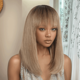 Ready to Wear Glueless Couleur Ombre Thé Lait Dégradé Lisse Perruque Sans Colle Bob Avec Frange