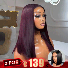 2 𝑭𝑶𝑹 €139🔥 Soyeux Glueless Violet Foncé 5x5 Perruque Sans Colle +2x6 Dentelle Bob Perruque