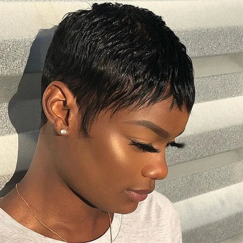 Perruque Full Lace Pixie 100% Cheveux Humains Frange Effilée Naturelle