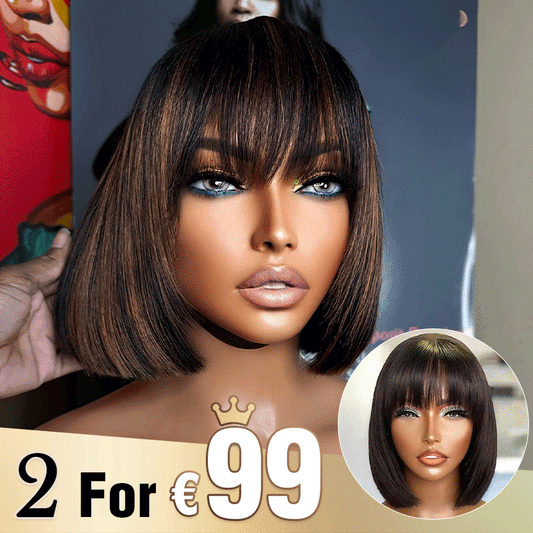2 𝑭𝑶𝑹 €99🔥 Essentiel De L'Été Soyeux Bob Facile À Coiffer Glueless Perruque Lisse Avec Frange 8 Pouces