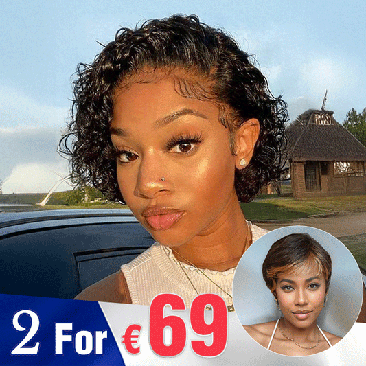 2 𝑭𝑶𝑹 €69🔥Perruque 13×1 Lace Pixie Cut Bouclée +Noir/ Blonde Mélangé Noir/#4-27 Pixie/Ombre Blonde Pixie