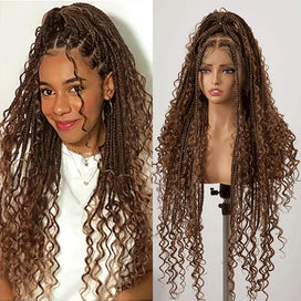 36 Pouces Perruque Tressée Bohème En Dentelle Complète Avec Cheveux De Bébé Synthétiques De Qualité Supérieure 300% Densité