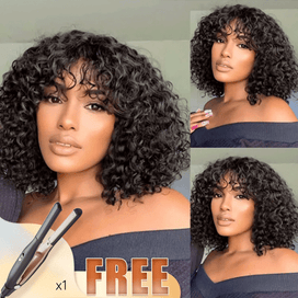 Bob Perruque Bouclée Avec Frange Noir Couleur 200% Densité Cheveux Humains