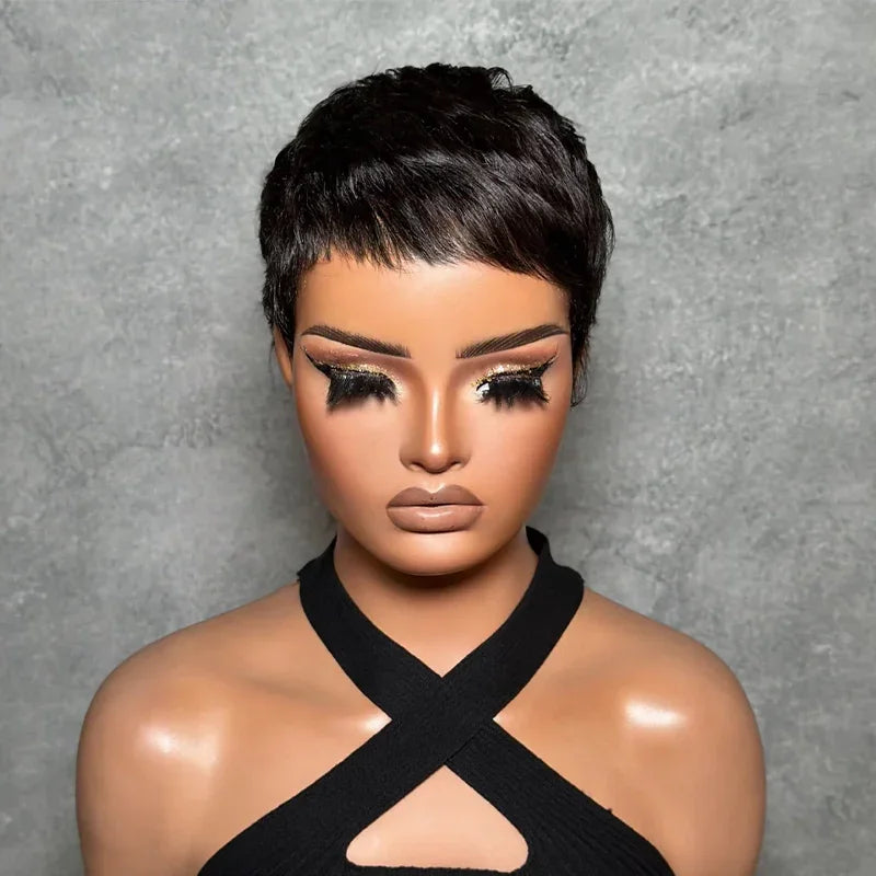 Perruque Full Lace Pixie 100% Cheveux Humains Frange Effilée Naturelle