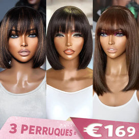 𝟑 𝐏𝐞𝐫𝐫𝐮𝐪𝐮𝐞𝐬=€𝟏𝟔𝟗⚡Pour Débutants Glueless Bob Perruque Cheveux Humains Avec Frange Lisse