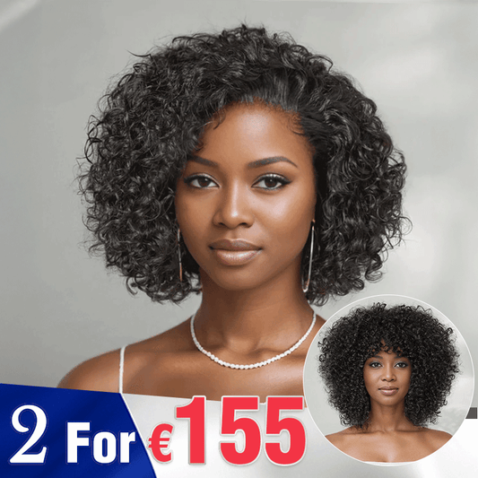 2 𝑭𝑶𝑹 €155.88🔥8"Glueless Courte Bouclée Bob+10"Glueless Bouclée Avec Franges Bob Perruque Sans Colle
