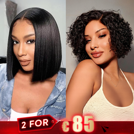 2 𝑭𝑶𝑹 €85🔥Un Prix Deux Styles Perruque Bob Dentelle 13x4 Bouclé +Soyeux Perruque Dentelle 2x6 Lisse