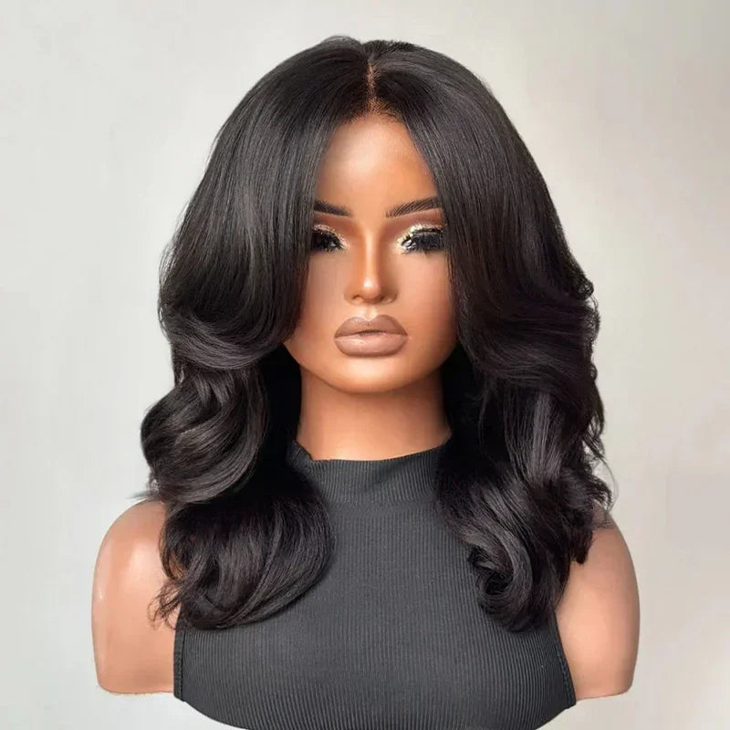 Chic Glueless 4x4 Perruque Sans Colle Avec Frange Rideau Cheveux Humains Ondulé