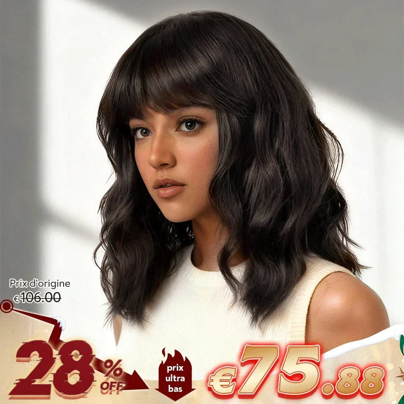 Naturelle & Intemporel Glueless Bob Perruque Sans Colle Ondulé Avec Frange Cheveux Humains