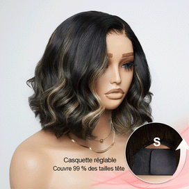 Tendance Glueless Couleur Noire Avec Reflets Blonds 7x4 Bob Ondulé Perruque Sans Colle