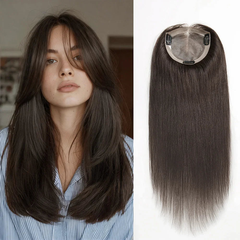 Complément Capillaire Volumateur de Cheveux Lace 5x5 6x6 avec 5 Clips Châtain Foncé Premium Hair Topper
