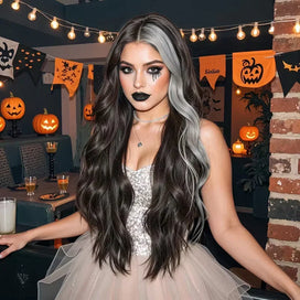 🎃Halloween Perruque Synthétique Ondulée Noire Avec Mèches Grises Idéale Pour Halloween Et Au Quotidien