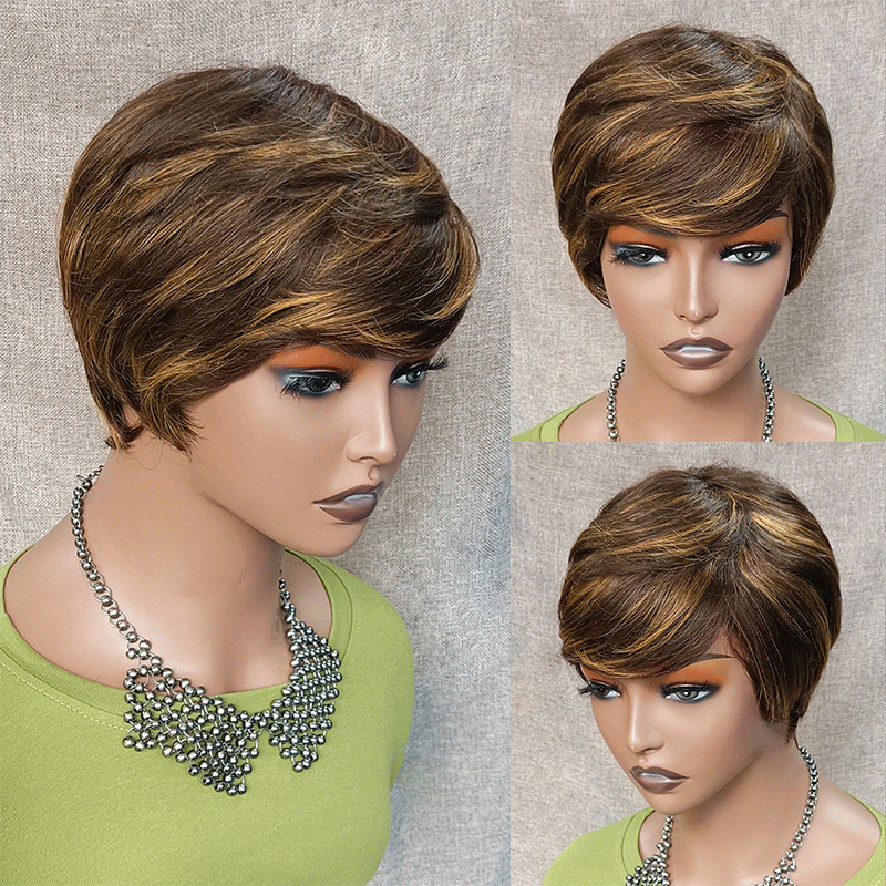Une Beauté Sans Effort Glueless Couleur #4-27 Mèches Brunes Highlight Pixie Court Lisse Perruque Sans Colle