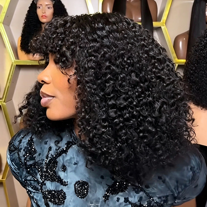 Bob Kinky Curly 300% Densité Avec Frange Perruque Glueless 100% Cheveux Humains