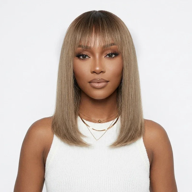 Ready to Wear Glueless Couleur Ombre Thé Lait Dégradé Lisse Perruque Sans Colle Bob Avec Frange