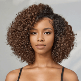 Glueless Touffu Kinky Curly Brun chocolat Bob Bouclée 7x4 Perruque Sans Colle
