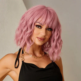 🎃Halloween Perruque Synthétique Bob Rose Et Rouge Cheveux Courts Ondulés Naturels Pour Femmes Fête Quotidienne