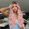 🎃28 Pouces Couleur Noir Ombré Rose Perruque Avec Frange Synthétique Ondulée De Idéale Pour Un Usage Quotidien, Les Soirées Ou Le Cosplay