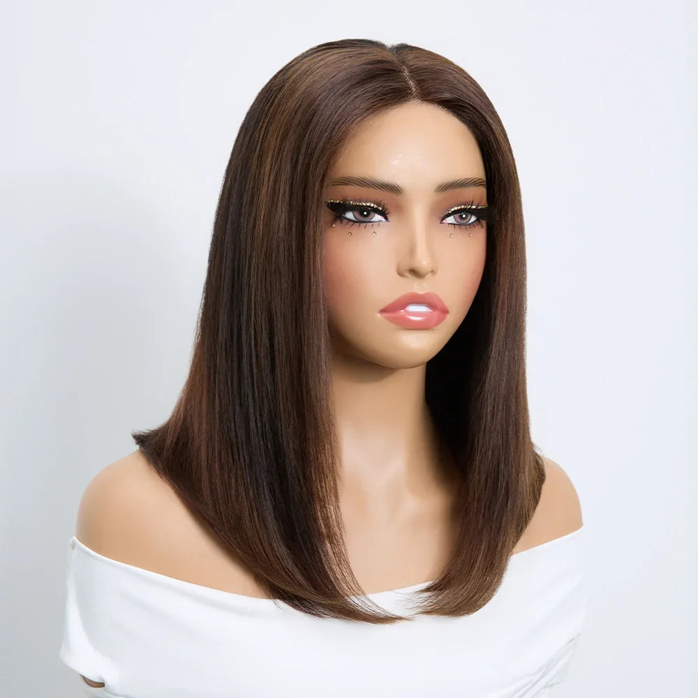 Perruque Bob 4x4 Sans Colle Noir Naturel & Mèches Brunes Cheveux Naturels Lisse