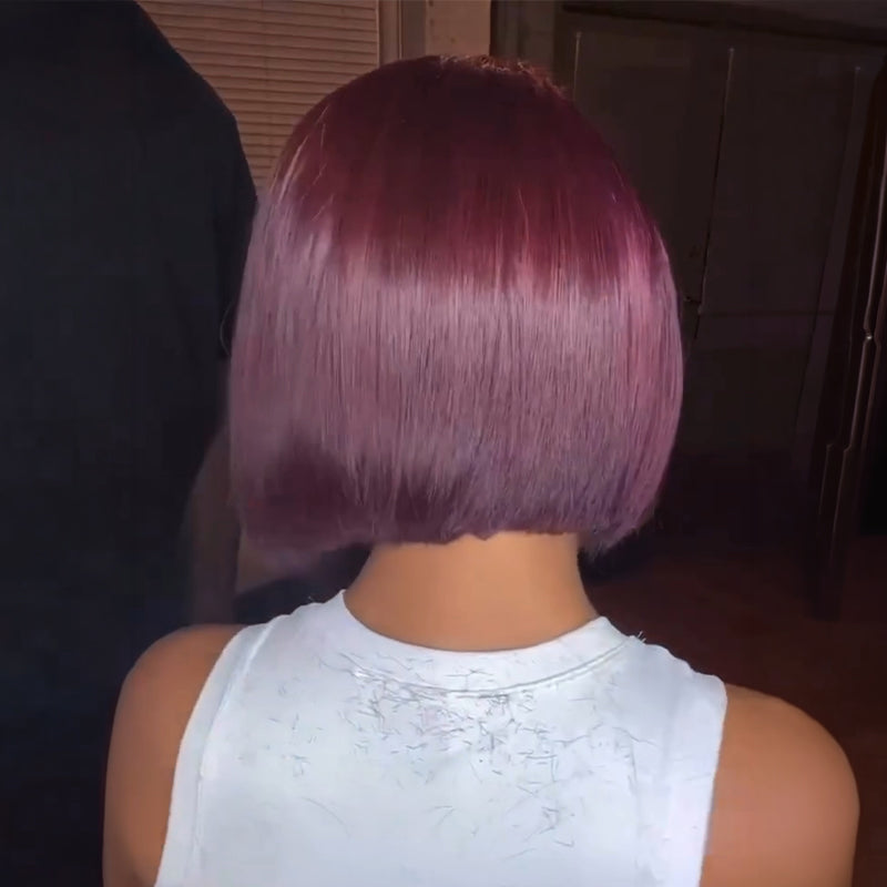 Look Chic Bob Asymétrique Violet Nuit Glueless Raie sur le Côté Perruque Lace 5x5 Sans Colle