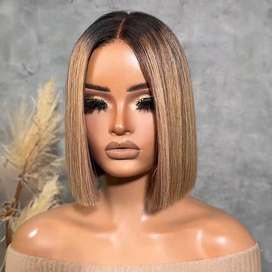 Glueless Couleur Ombré Blond Avec Des Reflets Bruns Bob Blunt 4x4 Perruque Sans Colle Lisse
