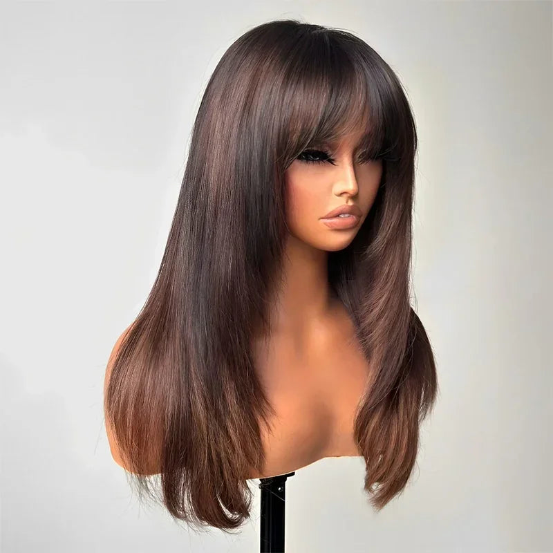 Glueless Coupe Dégradée Couleur Mèches Brunes Avec Frange 4x4 Wear Go Perruque Sans Colle Lisse